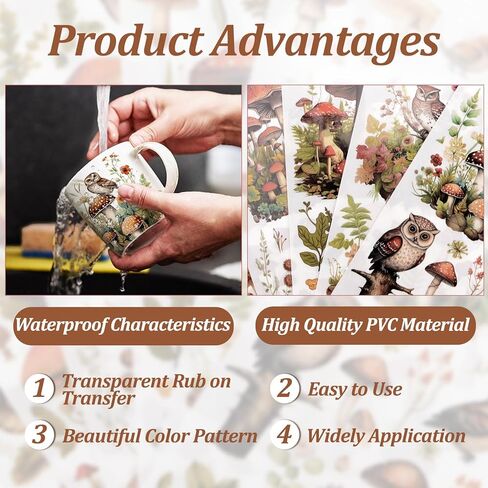 Wandic Rub على ملصقات النقل ، 6 صفائح البومة شارات الفطر ملصقات غابات نباتات الغابات ملصقات مقاومة للماء لنوافذ الأثاث ، 12 * 6in in Saudi Arabia