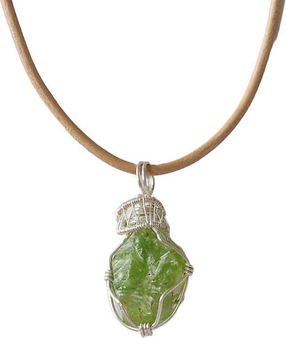 Designs by Nature Gems - Natural Peridot Necklace - Wire Wrapped in Genuine Sterling Silver - Natural August Birthstone Jewelry - With 24" Tan Leather - August Gift Jewelry - Handmade in North America in Kuwait