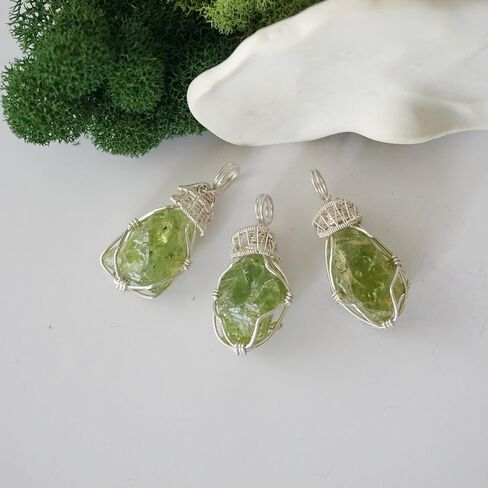 Designs by Nature Gems - Natural Peridot Necklace - Wire Wrapped in Genuine Sterling Silver - Natural August Birthstone Jewelry - With 24" Tan Leather - August Gift Jewelry - Handmade in North America in Kuwait