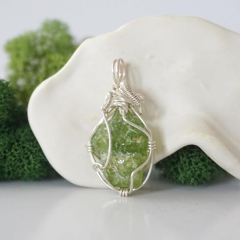Designs by Nature Gems - Natural Peridot Necklace - Wire Wrapped in Genuine Sterling Silver - Natural August Birthstone Jewelry - With 24" Tan Leather - August Gift Jewelry - Handmade in North America in Kuwait