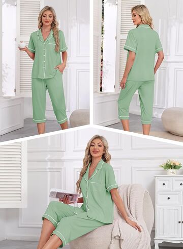 EA'S SECRET Womens Pajamas Set Capri Modal Pj Sets For Woman Button Down Short Sleeve Loungewear Set Sexy Sleepwear For Women in Kuwait