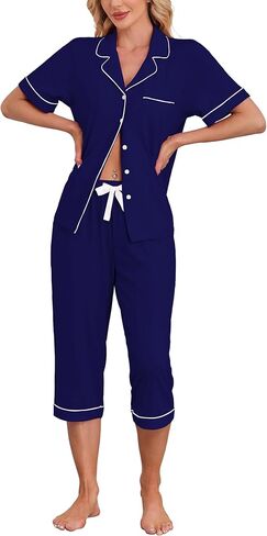 EA'S SECRET Womens Pajamas Set Capri Modal Pj Sets For Woman Button Down Short Sleeve Loungewear Set Sexy Sleepwear For Women in Kuwait
