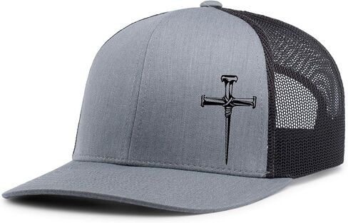 Men's Christian Faith Cross Nails Embroidered Mesh Back Trucker Hat, Ocean Blue/Heather Grey/Beige in Saudi Arabia