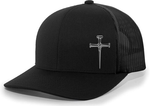 Men's Christian Faith Cross Nails Embroidered Mesh Back Trucker Hat, Ocean Blue/Heather Grey/Beige in Saudi Arabia