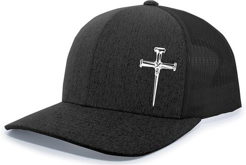 Men's Christian Faith Cross Nails Embroidered Mesh Back Trucker Hat, Ocean Blue/Heather Grey/Beige in Saudi Arabia
