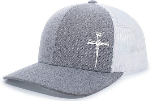 Men's Christian Faith Cross Nails Embroidered Mesh Back Trucker Hat, Ocean Blue/Heather Grey/Beige in Saudi Arabia