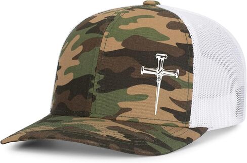 Men's Christian Faith Cross Nails Embroidered Mesh Back Trucker Hat, Ocean Blue/Heather Grey/Beige in Saudi Arabia