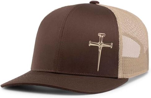 Men's Christian Faith Cross Nails Embroidered Mesh Back Trucker Hat, Ocean Blue/Heather Grey/Beige in Saudi Arabia