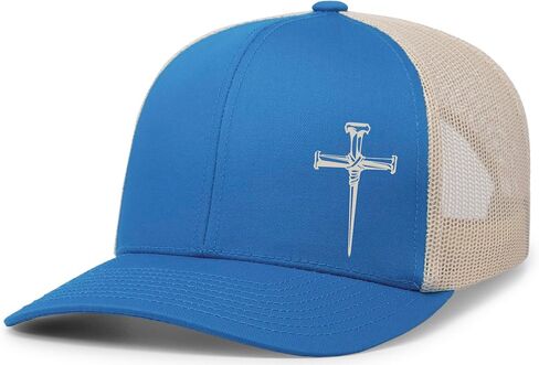 Men's Christian Faith Cross Nails Embroidered Mesh Back Trucker Hat, Ocean Blue/Heather Grey/Beige in Saudi Arabia