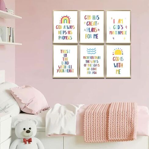 6Pcs Colorfully Bible Verses Children Wall Art Christianity is Inspiring Canvas Wall Decor Pictures Religion Painting Poster Printings for Children's Room Nursery Artwork Home Decoration Unframed in Saudi Arabia