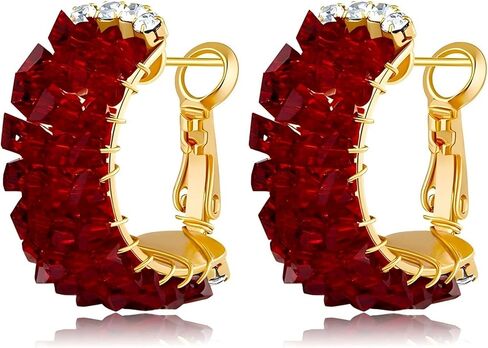 18K Gold Plated Dainty C Hoop Earrings Sparkling Zircon Crystal Stylish Red/Black Earrings for Women - C Shaped Ear Buckle in Kuwait