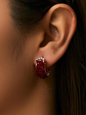 18K Gold Plated Dainty C Hoop Earrings Sparkling Zircon Crystal Stylish Red/Black Earrings for Women - C Shaped Ear Buckle in Kuwait
