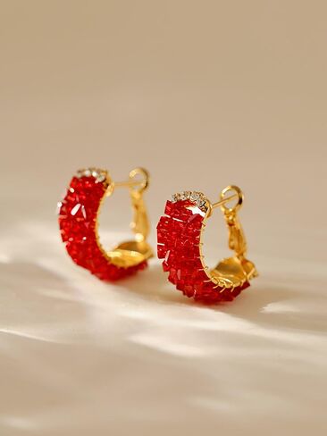 18K Gold Plated Dainty C Hoop Earrings Sparkling Zircon Crystal Stylish Red/Black Earrings for Women - C Shaped Ear Buckle in Kuwait
