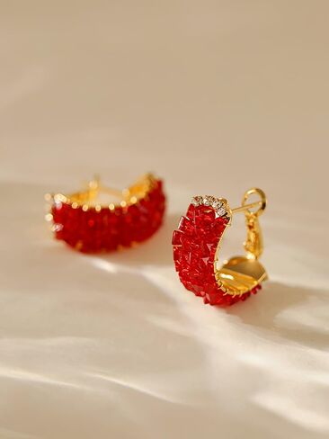 18K Gold Plated Dainty C Hoop Earrings Sparkling Zircon Crystal Stylish Red/Black Earrings for Women - C Shaped Ear Buckle in Kuwait