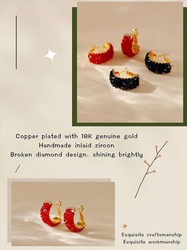 18K Gold Plated Dainty C Hoop Earrings Sparkling Zircon Crystal Stylish Red/Black Earrings for Women - C Shaped Ear Buckle in Kuwait