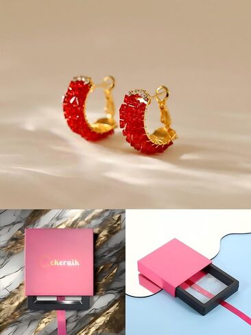 18K Gold Plated Dainty C Hoop Earrings Sparkling Zircon Crystal Stylish Red/Black Earrings for Women - C Shaped Ear Buckle in Kuwait