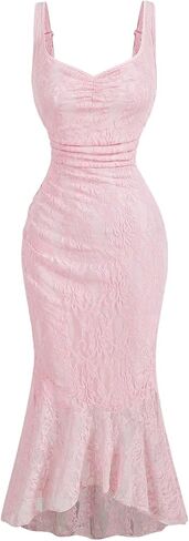 GORGLITTER Women's Lace Bodycon Fishtail Midi Dress Graduation Prom Wedding Guest Y2K Ruched Asymmetrical Summer Dress in Saudi Arabia