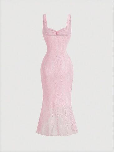 GORGLITTER Women's Lace Bodycon Fishtail Midi Dress Graduation Prom Wedding Guest Y2K Ruched Asymmetrical Summer Dress in Saudi Arabia