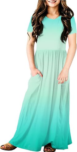 Deerose Girls Maxi Dress Short Sleeve Gradient Dresses Floor Length Outfits 5-14 Years in Saudi Arabia