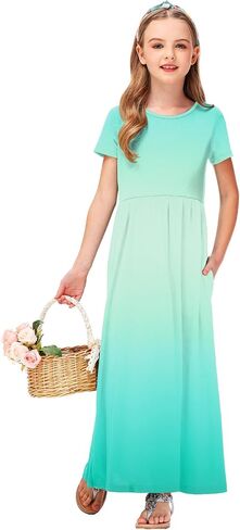 Deerose Girls Maxi Dress Short Sleeve Gradient Dresses Floor Length Outfits 5-14 Years in Saudi Arabia