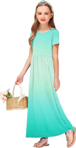 Deerose Girls Maxi Dress Short Sleeve Gradient Dresses Floor Length Outfits 5-14 Years in Saudi Arabia