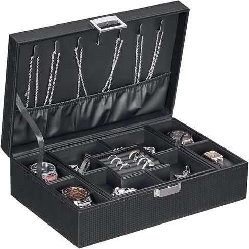 BEWISHOME Mens Jewelry Box, Jewelry Box for Men Women, Jewelry Organizer Box with 4 Watch Storage Case and Removable Tray, 2 Layer Jewelry Storage Case for Necklace Earring Ring Bracelet, Brown SSH07Z in Kuwait