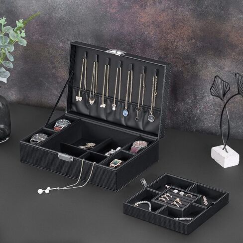 BEWISHOME Mens Jewelry Box, Jewelry Box for Men Women, Jewelry Organizer Box with 4 Watch Storage Case and Removable Tray, 2 Layer Jewelry Storage Case for Necklace Earring Ring Bracelet, Brown SSH07Z in Kuwait