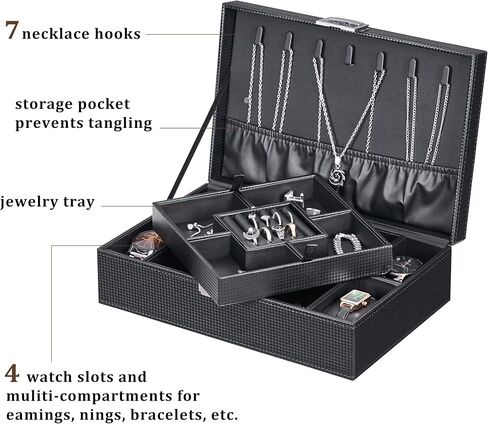 BEWISHOME Mens Jewelry Box, Jewelry Box for Men Women, Jewelry Organizer Box with 4 Watch Storage Case and Removable Tray, 2 Layer Jewelry Storage Case for Necklace Earring Ring Bracelet, Brown SSH07Z in Kuwait