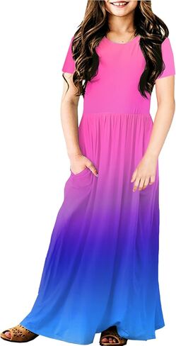Deerose Girls Maxi Dress Short Sleeve Gradient Dresses Floor Length Outfits 5-14 Years in Saudi Arabia