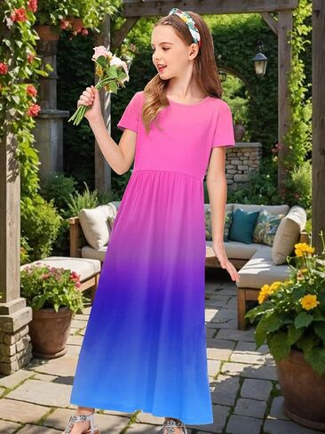 Deerose Girls Maxi Dress Short Sleeve Gradient Dresses Floor Length Outfits 5-14 Years in Saudi Arabia