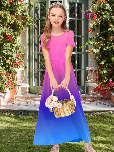 Deerose Girls Maxi Dress Short Sleeve Gradient Dresses Floor Length Outfits 5-14 Years in Saudi Arabia