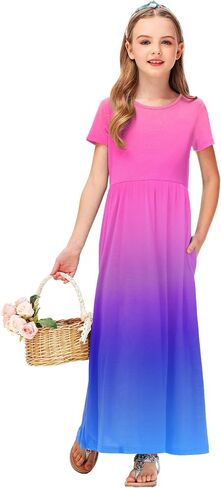 Deerose Girls Maxi Dress Short Sleeve Gradient Dresses Floor Length Outfits 5-14 Years in Saudi Arabia