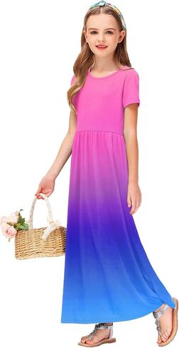 Deerose Girls Maxi Dress Short Sleeve Gradient Dresses Floor Length Outfits 5-14 Years in Saudi Arabia