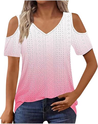 2025 Cold Shoulder Tops for Women Casual Summer Short Sleeve Shirts Gradient V Neck Loose Fit Blouses Tees Tunics in Saudi Arabia
