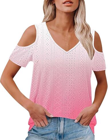 2025 Cold Shoulder Tops for Women Casual Summer Short Sleeve Shirts Gradient V Neck Loose Fit Blouses Tees Tunics in Saudi Arabia