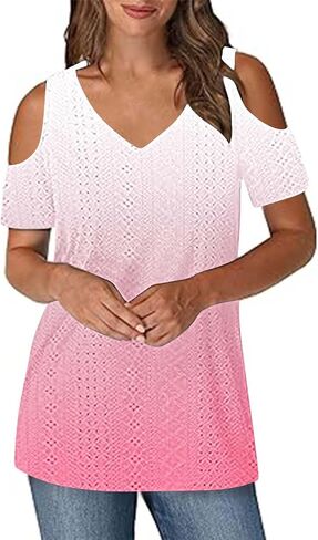2025 Cold Shoulder Tops for Women Casual Summer Short Sleeve Shirts Gradient V Neck Loose Fit Blouses Tees Tunics in Saudi Arabia