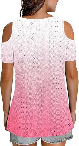 2025 Cold Shoulder Tops for Women Casual Summer Short Sleeve Shirts Gradient V Neck Loose Fit Blouses Tees Tunics in Saudi Arabia