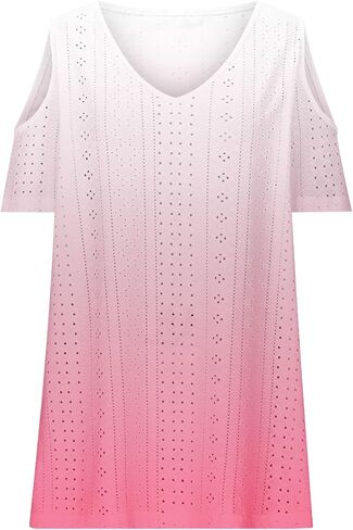 2025 Cold Shoulder Tops for Women Casual Summer Short Sleeve Shirts Gradient V Neck Loose Fit Blouses Tees Tunics in Saudi Arabia