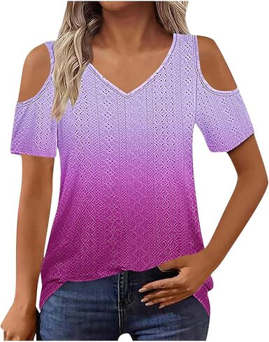 2025 Cold Shoulder Tops for Women Casual Summer Short Sleeve Shirts Gradient V Neck Loose Fit Blouses Tees Tunics in Saudi Arabia