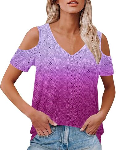 2025 Cold Shoulder Tops for Women Casual Summer Short Sleeve Shirts Gradient V Neck Loose Fit Blouses Tees Tunics in Saudi Arabia