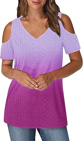 2025 Cold Shoulder Tops for Women Casual Summer Short Sleeve Shirts Gradient V Neck Loose Fit Blouses Tees Tunics in Saudi Arabia