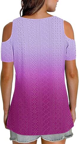 2025 Cold Shoulder Tops for Women Casual Summer Short Sleeve Shirts Gradient V Neck Loose Fit Blouses Tees Tunics in Saudi Arabia