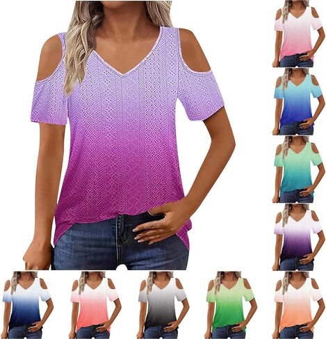 2025 Cold Shoulder Tops for Women Casual Summer Short Sleeve Shirts Gradient V Neck Loose Fit Blouses Tees Tunics in Saudi Arabia