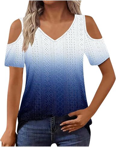 2025 Cold Shoulder Tops for Women Casual Summer Short Sleeve Shirts Gradient V Neck Loose Fit Blouses Tees Tunics in Saudi Arabia