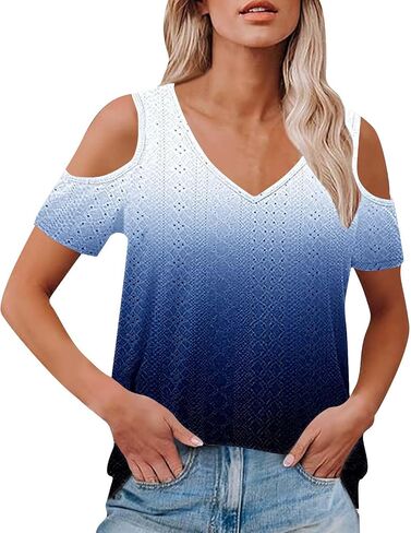 2025 Cold Shoulder Tops for Women Casual Summer Short Sleeve Shirts Gradient V Neck Loose Fit Blouses Tees Tunics in Saudi Arabia
