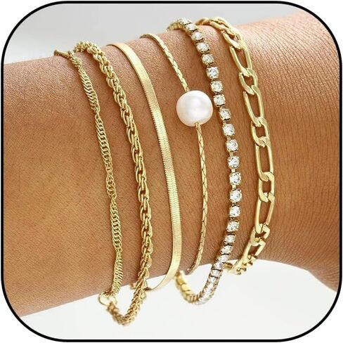 سوار Roe Dolph Gold Stack Barclets Gold chunkelets سلسلة قابلة للتكديس رابط Rhinestone Tennis Pearl Jewelry Strendy Stuff for Women in Saudi Arabia