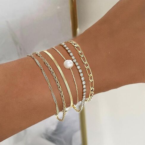 سوار Roe Dolph Gold Stack Barclets Gold chunkelets سلسلة قابلة للتكديس رابط Rhinestone Tennis Pearl Jewelry Strendy Stuff for Women in Saudi Arabia