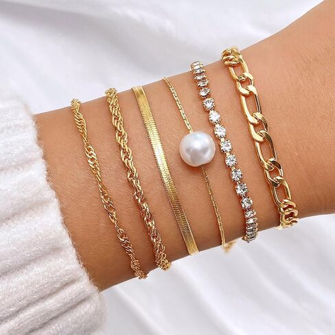 سوار Roe Dolph Gold Stack Barclets Gold chunkelets سلسلة قابلة للتكديس رابط Rhinestone Tennis Pearl Jewelry Strendy Stuff for Women in Saudi Arabia