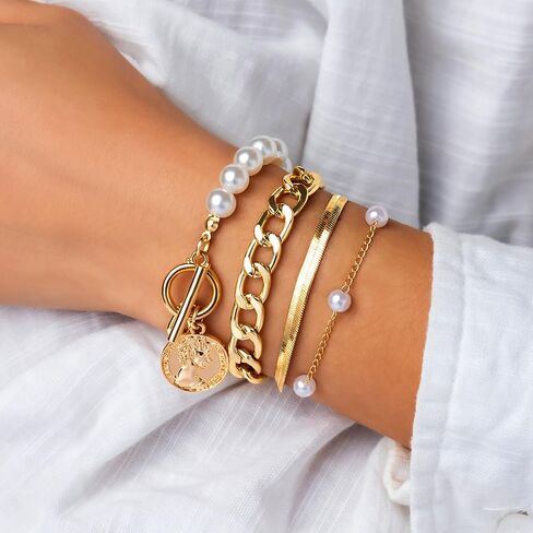 سوار Roe Dolph Gold Stack Barclets Gold chunkelets سلسلة قابلة للتكديس رابط Rhinestone Tennis Pearl Jewelry Strendy Stuff for Women in Kuwait