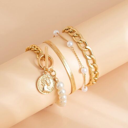 سوار Roe Dolph Gold Stack Barclets Gold chunkelets سلسلة قابلة للتكديس رابط Rhinestone Tennis Pearl Jewelry Strendy Stuff for Women in Kuwait